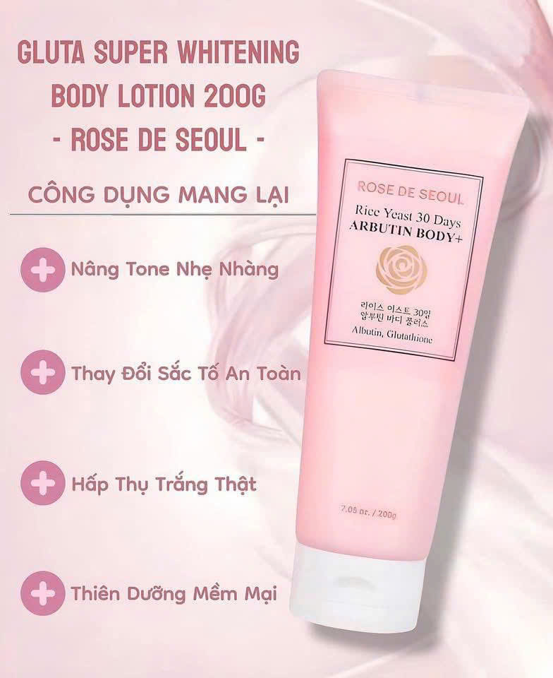 Kem body ROSE DE SEOUL RICE YEAST 30 DAYS ARBUTIN BODY+ 200g nâng tông dưỡng trắng