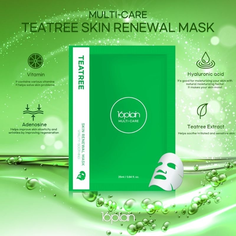 Mặt nạ tràm trà kiểm soát dầu, mụn 16plain Multi-care Teatree Skin Renewal Mask