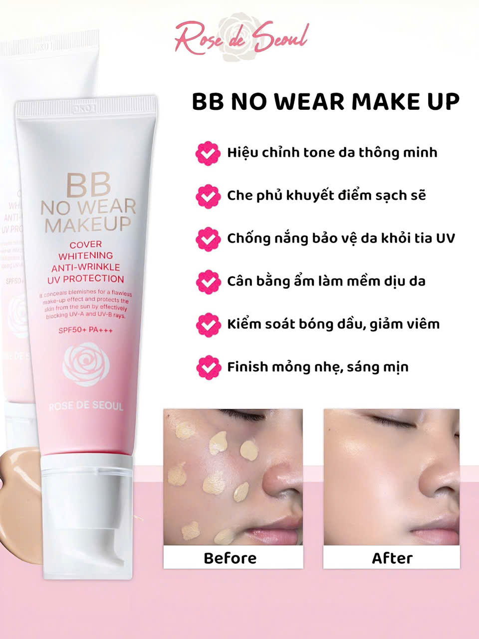 Kem nền ROSE DE SEOUL BB NO WEAR MAKEUP dạng kem giúp dưỡng ẩm, làm trắng da 50ml