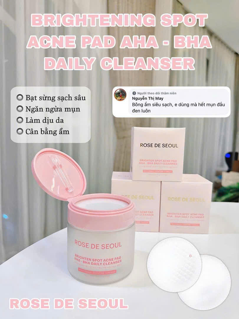 Toner pad rose de seoul brighten spot acne pad AHA- BHA DAILY CLEANSER 70 miếng bông ẩm sạch dầu, mụn cám