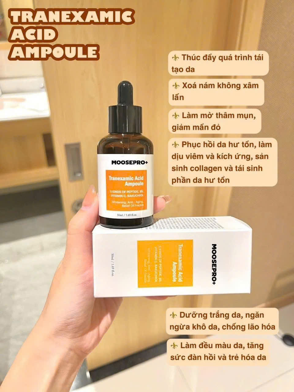Serum nám MOOSEPRO+ TRANEXAMIC ACID AMPOULE giúp dưỡng ẩm, giảm nhăn, 50ml/lọ